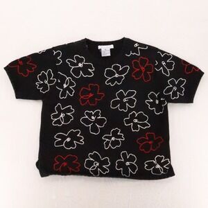 Robert Scott Floral Embroidered Sweater Womens Size M Black Vtg 90s Cotton Boxy